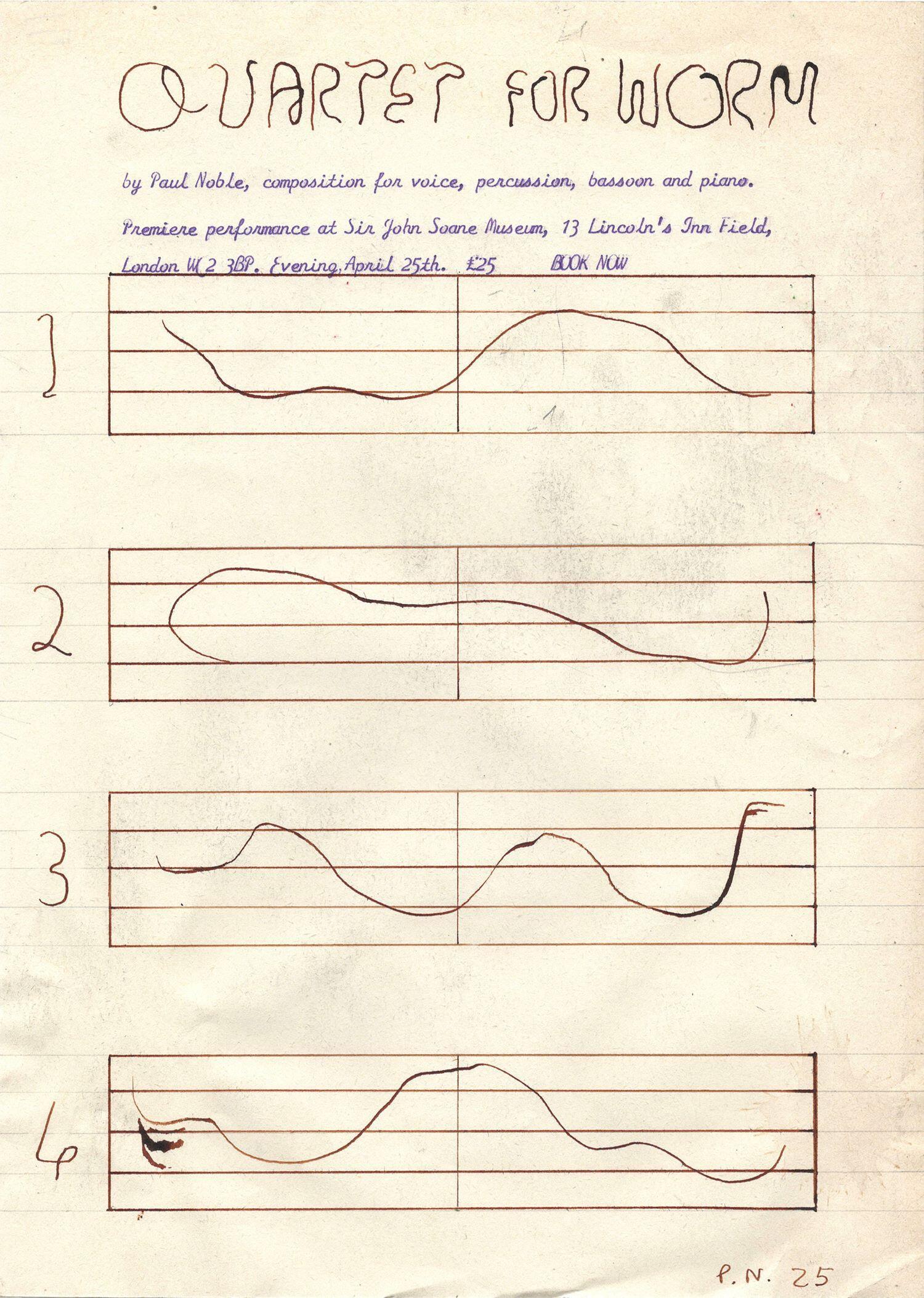 Musical scores with wiggly, worm like lines on them and Quartet for worm handwritten above