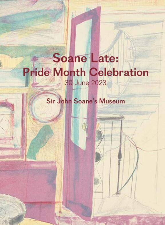 A watercolour depicting a corner of the Soane's staircase viewed through a red door. The event's title printed in red at the centre of the poster.