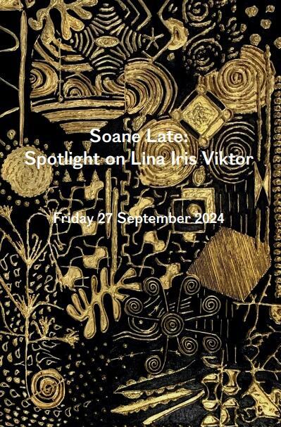 A long rectangular image of a black and gold painting of geometric shapes by Lina Iris Viktor. The event's title printed in white at the centre of the poster.
