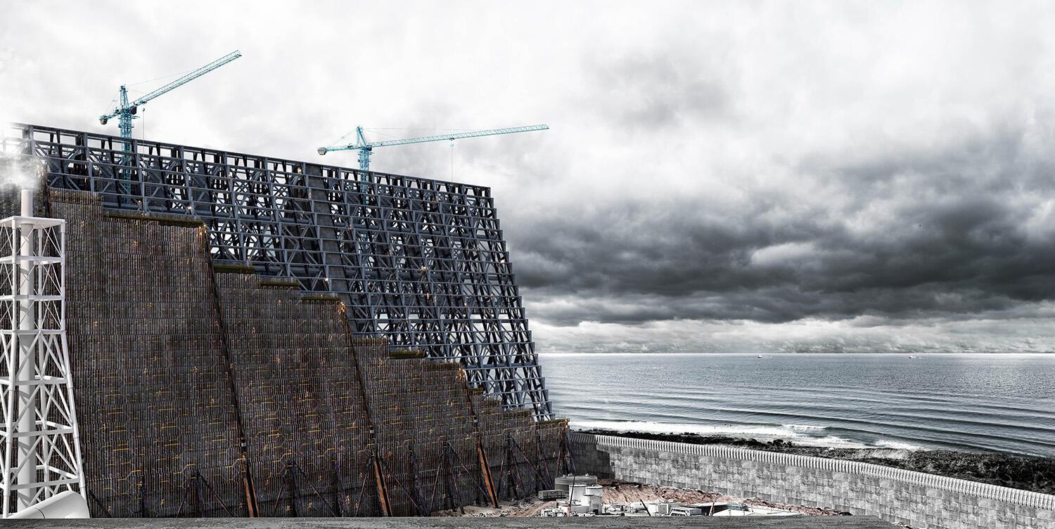 A digitally created image of a construction near a coast and a stormy sky