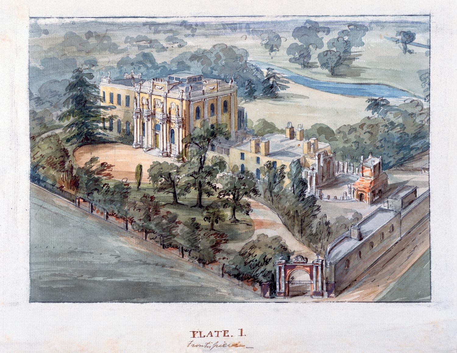 Bird’s-eye view of Pitzhanger Manor showing the yellow house with columns on the front, outlying buildings, and the grounds