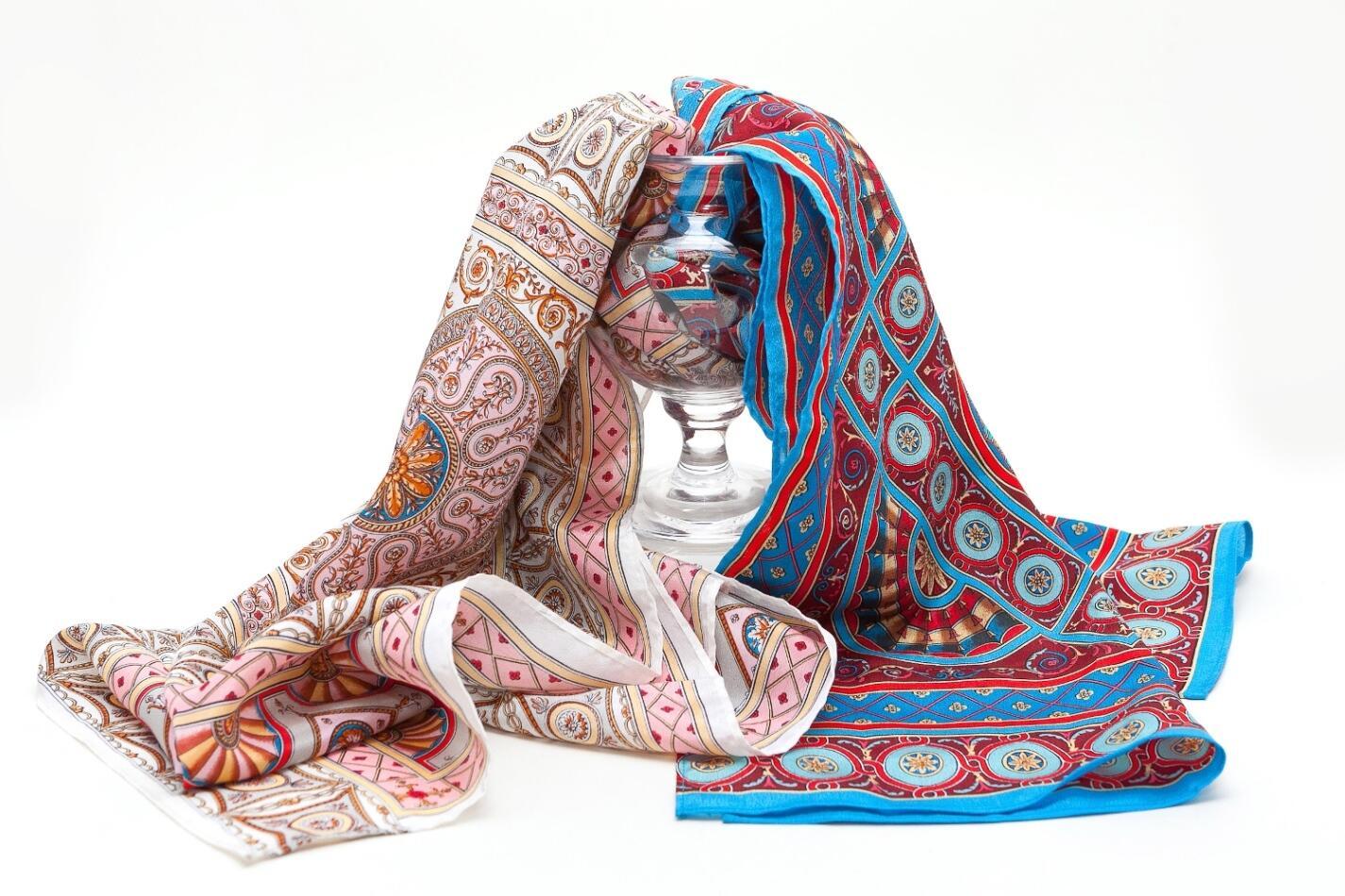 Fox and Chave scarves with designs taken from the Soane Museum Collection