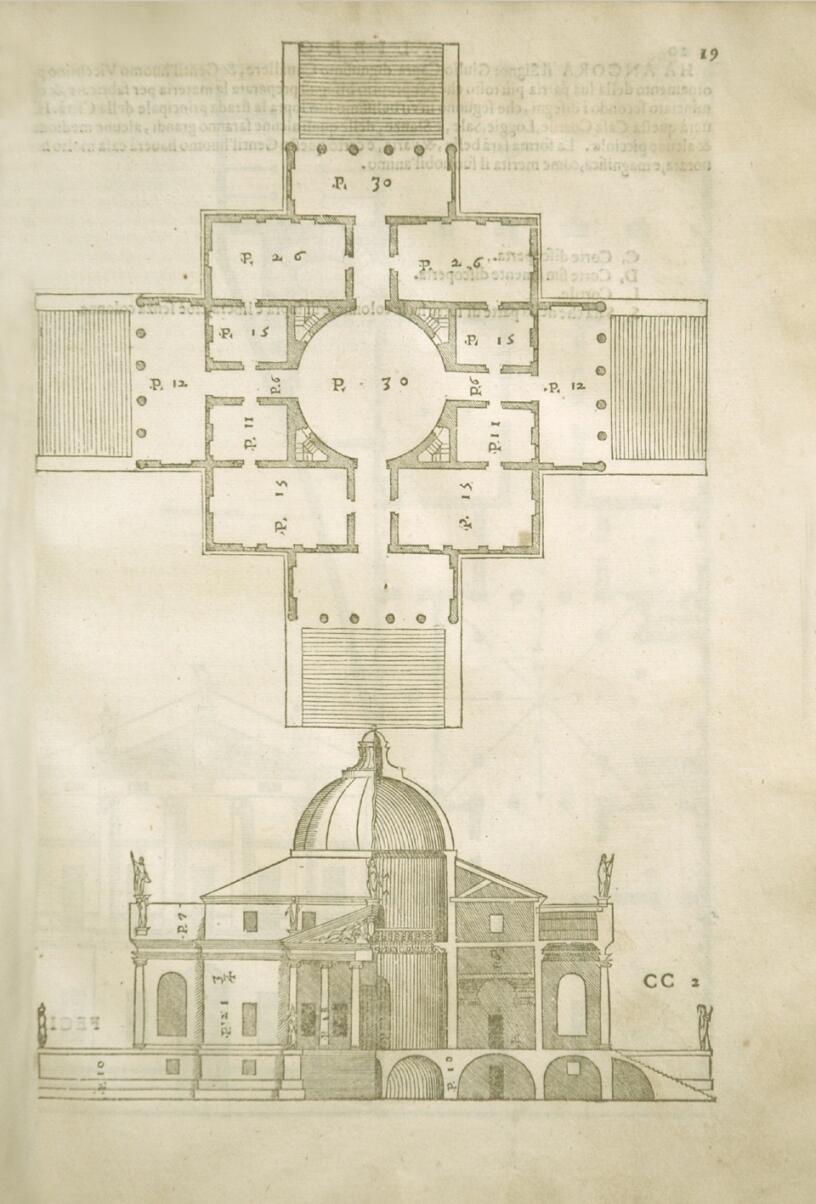 Woodcut from a publication by Palladio showing the symmetrical, cross shaped building in plan view, and also a section view at the bottom