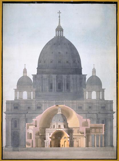 Drawing of three domed buildings superimposed one on the other