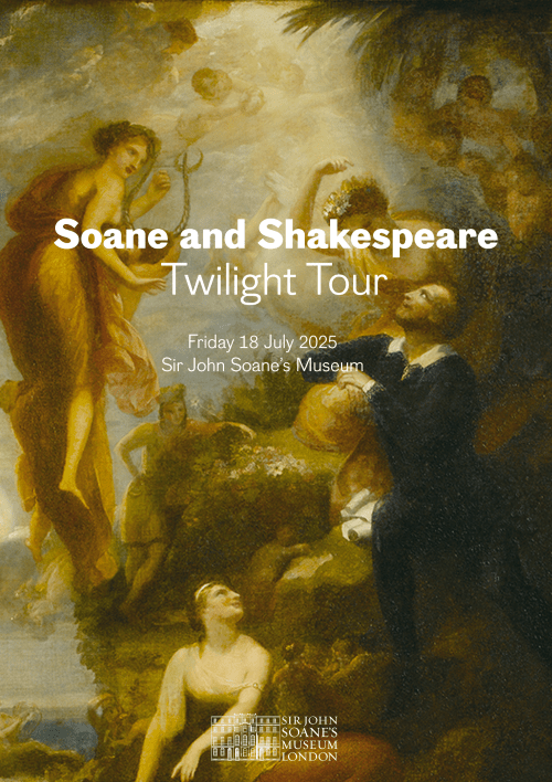 The background of the poster is an oil painting that illustrates Shakespeare getting inspired by the personifications of comedy and tragedy. The title and detailed information of the event is printed in white at the centre of the poster.