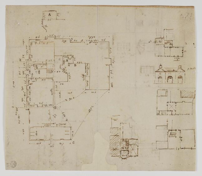 Survey drawing of Moggerhanger Park, Bedfordshire with plans and section sketches