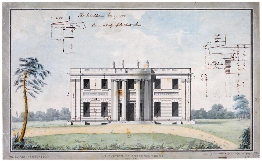 The entrance front of Tyringham drawn in section. the drawing also shows the surrounding land and the sky behind. architectural sketches have been drawn over the sky probably by someone working on the project.