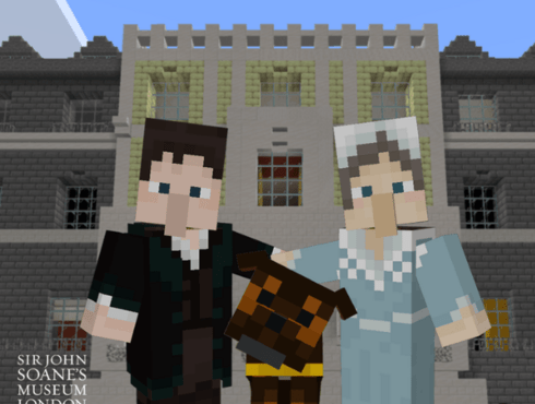 image in a Minecraft‑style shows four blocky characters and a dog standing in front of a Minecraft recreation of the Sir John Soane’s Museum. The characters include two central figures dressed in historical clothing, flanked by two additional characters on either side, each raising an arm in greeting.
