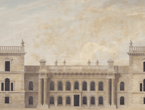 A painted architectural scene showing a historic stone building with arched windows and classical detailing. The central section features tall, narrow windows framed by large stone blocks, flanked by two smaller wings with rounded arched doorways.