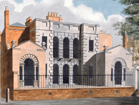 A painted architectural scene showing a historic stone building with arched windows and classical detailing. The central section features tall, narrow windows framed by large stone blocks, flanked by two smaller wings with rounded arched doorways.