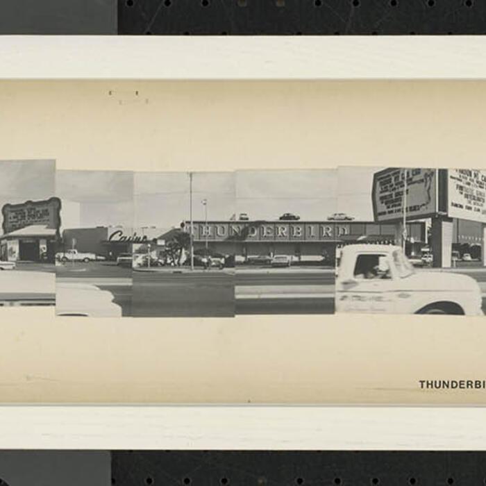 Series of black and white photographs pasted together to create a very long photograph of the Las Vegas Strip