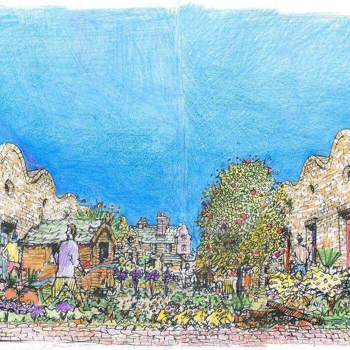 A perspective sketch of an abundant garden between the two parallel banks of residences at Holmes Road Studios.