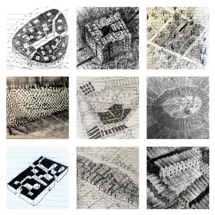 A selection of ten-minute sketches of cityscapes by Peter Barber, drawn in pen.