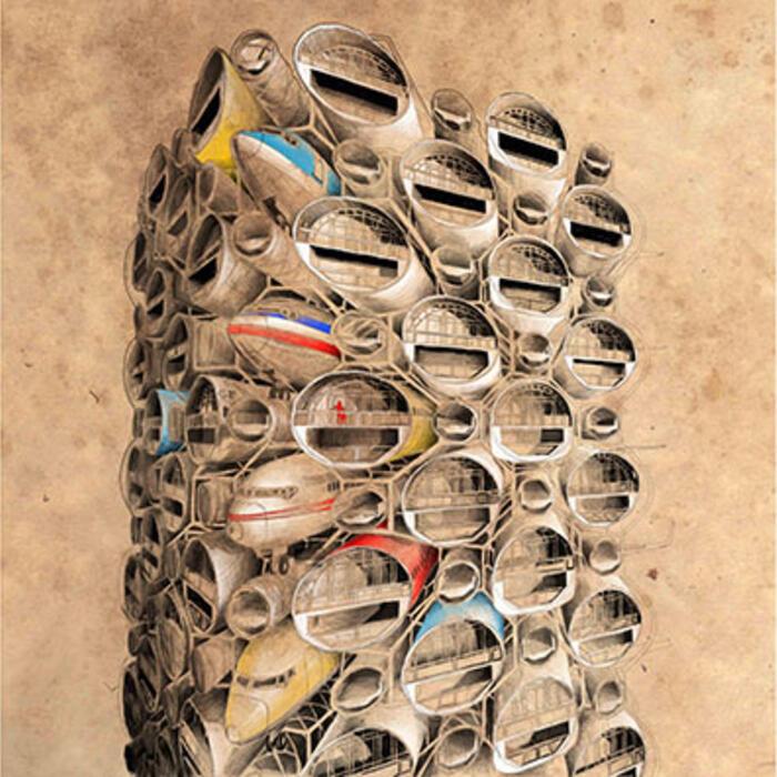 Three drawings of a tower made from airplanes