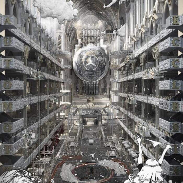 Dystopian Church-like building with crowds cheering