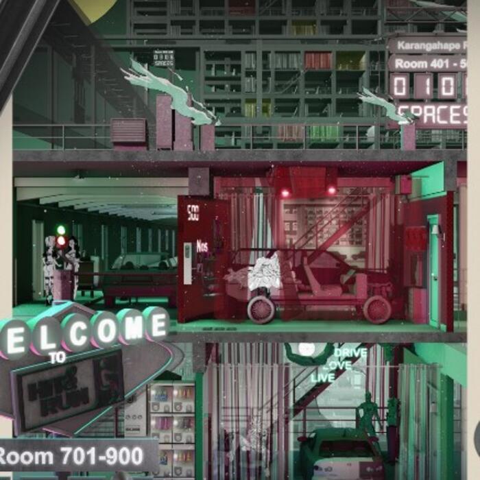 A section drawing of a dense building