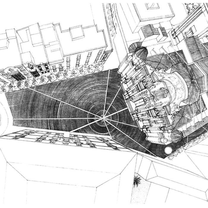Axonometric design drawing of buildings around a plaza
