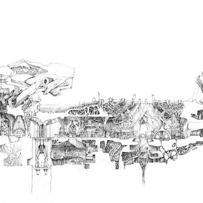 Matthew Poon's drawing for the Architectural Drawing Prize, a highly complex structure in profile