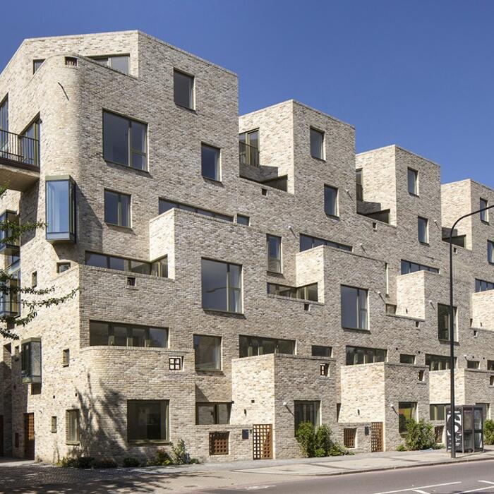 The frontage of the Peckham Road development, a brick building of five floors.