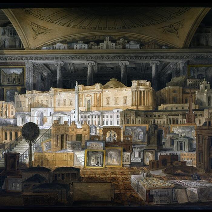 A painting by JM Gandy depicting all of the buildings that Sir John Soane designed, brought together in a fictitious room