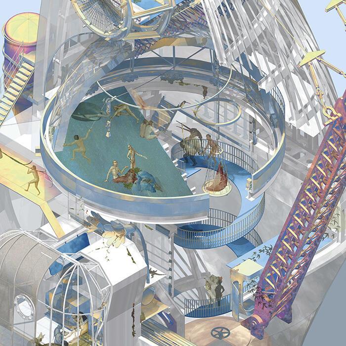 An architectural drawing showing figures from the work of Heironymous Bosch in a modern space