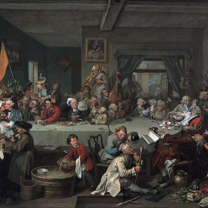 A painting by William Hogarth from the Election series depicting a raucous feast during a political campaign with various scenes of debauchery