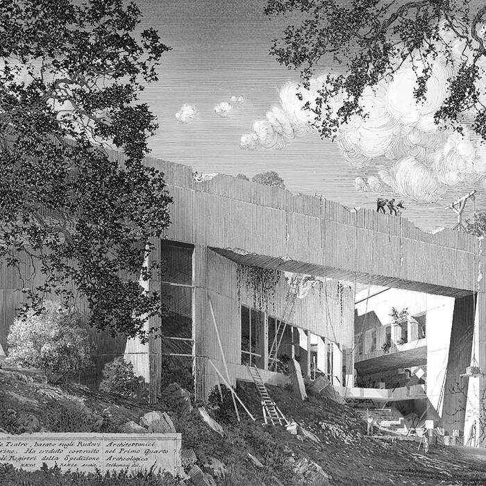 Drawing of a building in the style of an old engraving