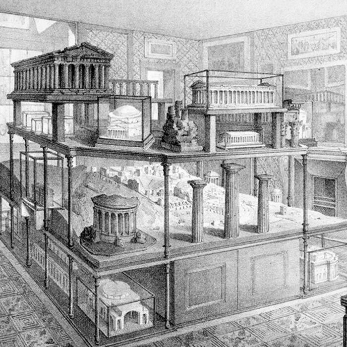 An engraving of how the Model Room looked in Soane's Day, as recorded in the 'Complete Description' Soane produced in 1835 
