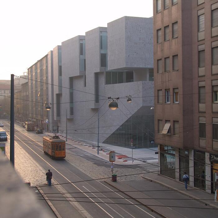 Street view of Grafton Architects' design for Luigi Boccioni University, Milan