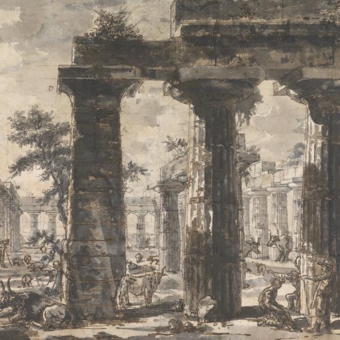 A drawing by Giovanni Battista Piranesi showing a view of a ruined Greek colonial temple in Paestum