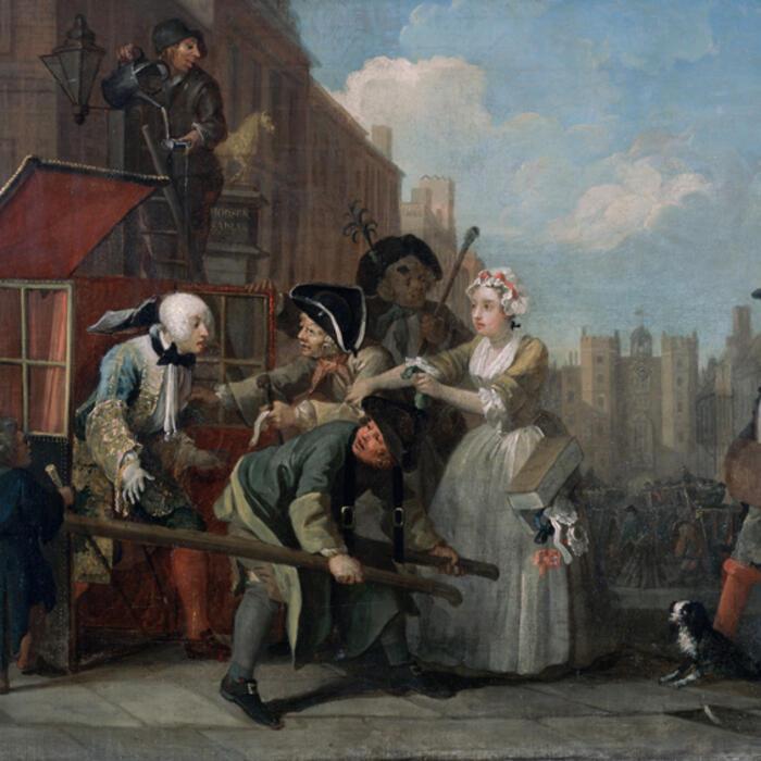 The fourth painting in A Rake's Progress where Tom has squandered his fortune and narrowly escapes arrest for debt on the way to a party at St James's Palace