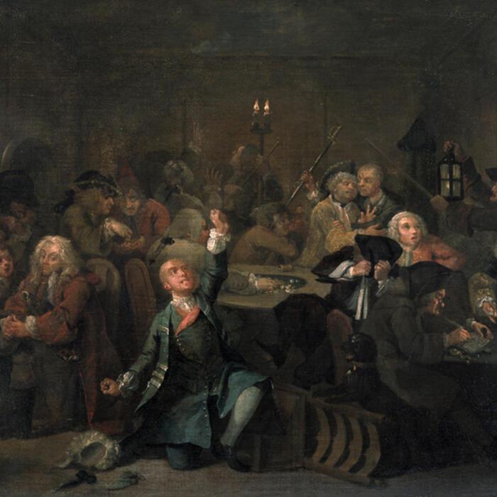 The sixth painting in A Rake's Progress where Tom, wigless and cursing his fate, has gambled away his second fortune in White's Club in Soho