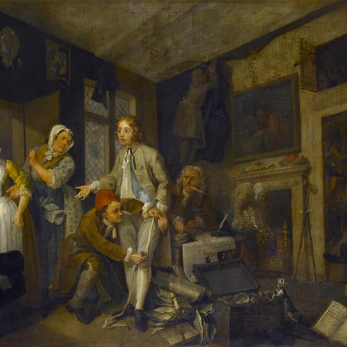 The first painting in A Rake's Progress where Tom is pictured in his father's house which is beginning to yield up its hoarded wealth and is attempting to pay-off a servant girl