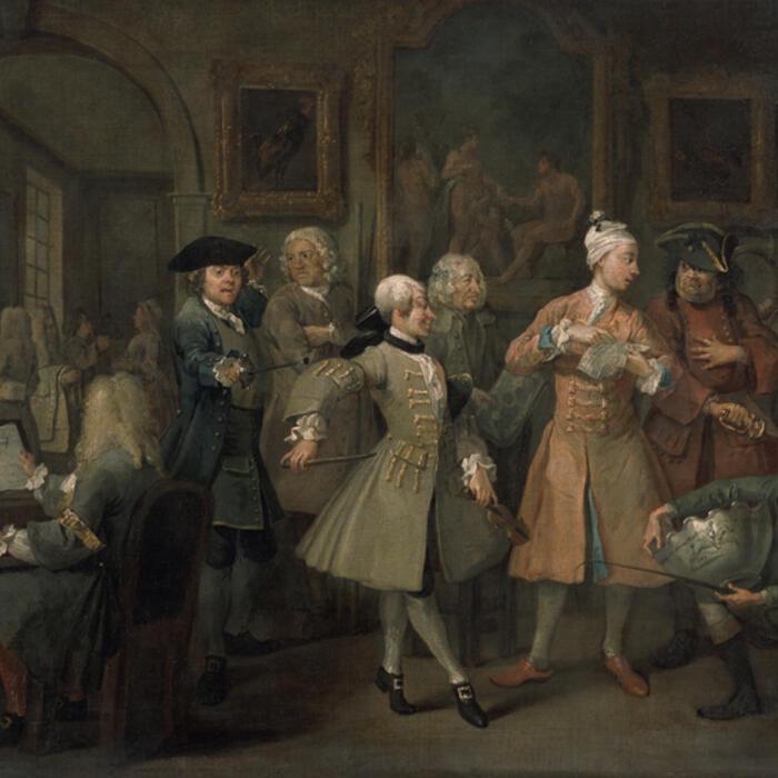 The second painting in A Rake's Progress where Tom is in his new palatial lodgings where he is holding a morning levée in the manner of a fashionable gentleman