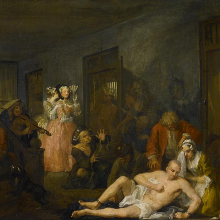 The final painting in A Rake's Progress where Tom is shown as having descended into madness in Bethlem Hospital or Bedlam