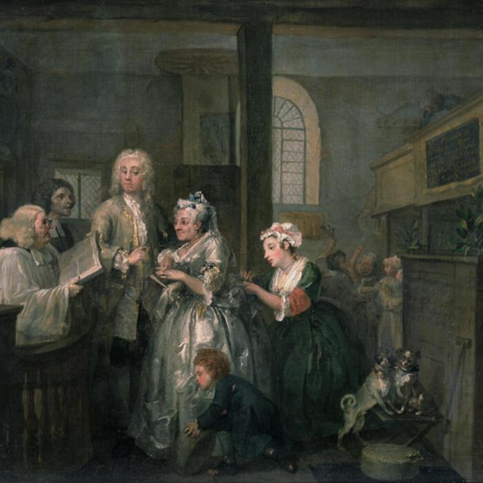 The fifth painting in A Rake's Progress where Tom decides to marry an old hag for her fortune in the shabby setting of Marylebone church