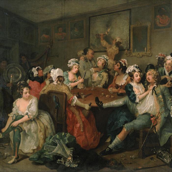The third painting in A Rake's Progress and It is three o'clock in the morning and Tom is shown drunk and enjoying the attentions of prostitutes at the Rose Tavern in London's Covent Garden