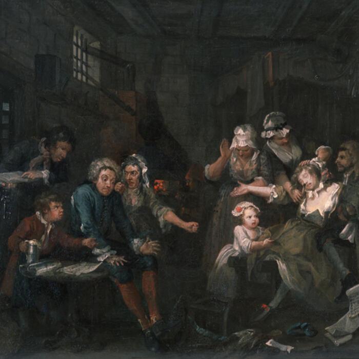 The seventh painting in A Rake's Progress where Tom is shown as an inmate of the Fleet London's celebrated debtors' prison