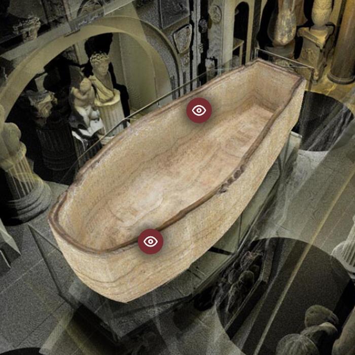 A screenshot from Explore Soane showing a 3D scan of the sarcophagus in the basement.