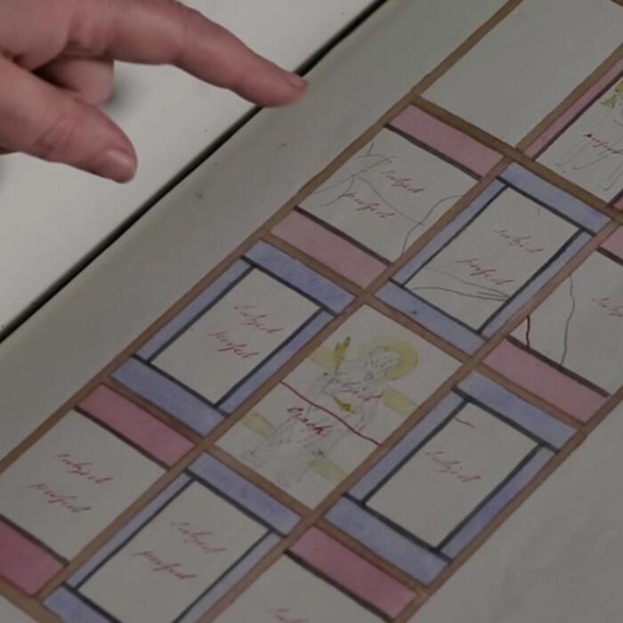 A watercolour from the Soane inventory showing how the stained glass panels in the recess were historically arranged