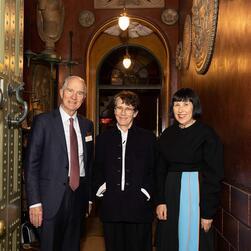 The event's line-up, standing (left to right) in the hallway of no. 13 Lincoln's Inn Fields: Soane Director Bruce Boucher, Sophie Hicks, and critic Alice Rawsthorn.