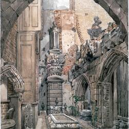 A ink and watercolour artwork capturing Fanny the dog's tomb in the Monk's Yard.