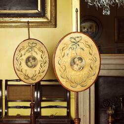 Two golden pole screens to protect ladies’ complexions from the heat of the fire. Oval in shape with a wooden trim, they were likely embroidered by Eliza herself.