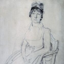 A sketch of Eliza Soane - facing the viewer, her hands folded in her lap.