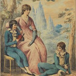 Eliza sits with her sons John and George in the bucolic grounds of their newly-acquired country house – Pitzhanger Manor, Ealing. 