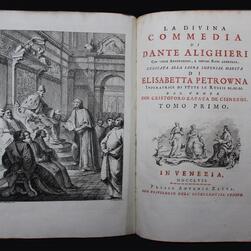 An illustrated inside cover from the 'Works of Dante Alighieri' (Opere di Dante Alighieri) published by Antonio Zatta in Venice in 1757-8.