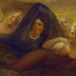 Beneath a crepe veil, the figure of night watches on from the ceiling on the Library-Dining Room.