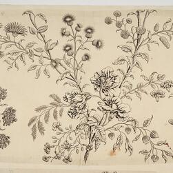 Black ink botanical drawing on cream paper showing an intricate arrangement of flowers, leaves, and stems. The design includes large, ruffled blooms, spiky thistle-like flowers, and clusters of small buds, all rendered in fine line detail.