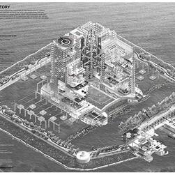 Deep Water Purgatory by Christopher Wijatno, winner of the Digital category. The image is an architectural drawing in black and white of a floating prison.