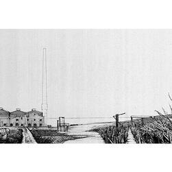 Scenarios for a Post-Crisis Landscape by Dimitrios Grozopoulis, winner of the Hand-drawn category. The image is a bleak shot of some buildings in a landscape, in black and white.